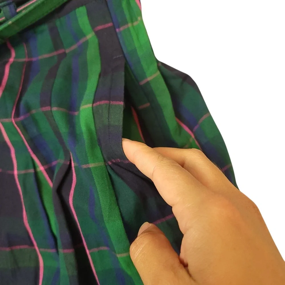 Free Assembly Womens Plaid Pleated Midi Skirt Sz Small Belted Academic Cotton